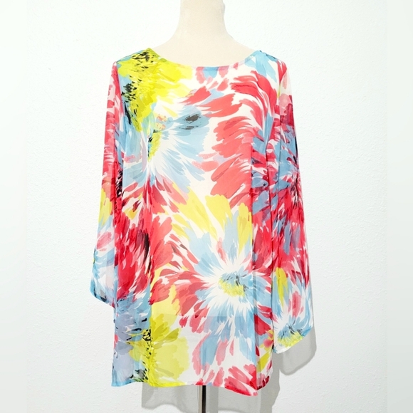 Susan Graver Women's M Sheer Floral Split Sleeve Blouse Top Multicolor Pullover - Picture 1 of 11